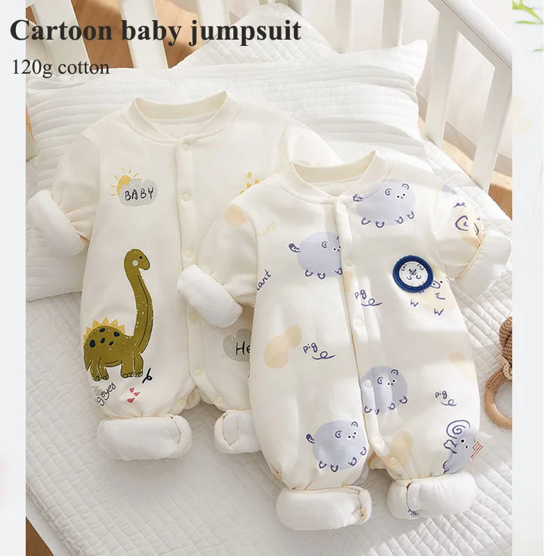 

2025 Winter Baby Jumpsuit Cute Cartoon Print Thick Pure Cotton Long Sleeve Side-release button Onesie Bodysuit for Boy Girl