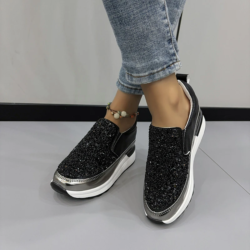 2024 Spring and Autumn Women\'s Loafers Silver Sneakers Rhinestone Platform Shoes Inner Heightening Sneakers Zapatos De Mujer