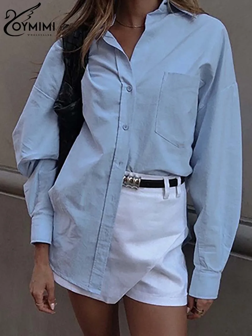 

Oymimi Fashion Blue Cotton Women Shirts Elegant Long Sleeve Pockets Button Shirts Casual New Solid Side Slit Blouses Streetwear