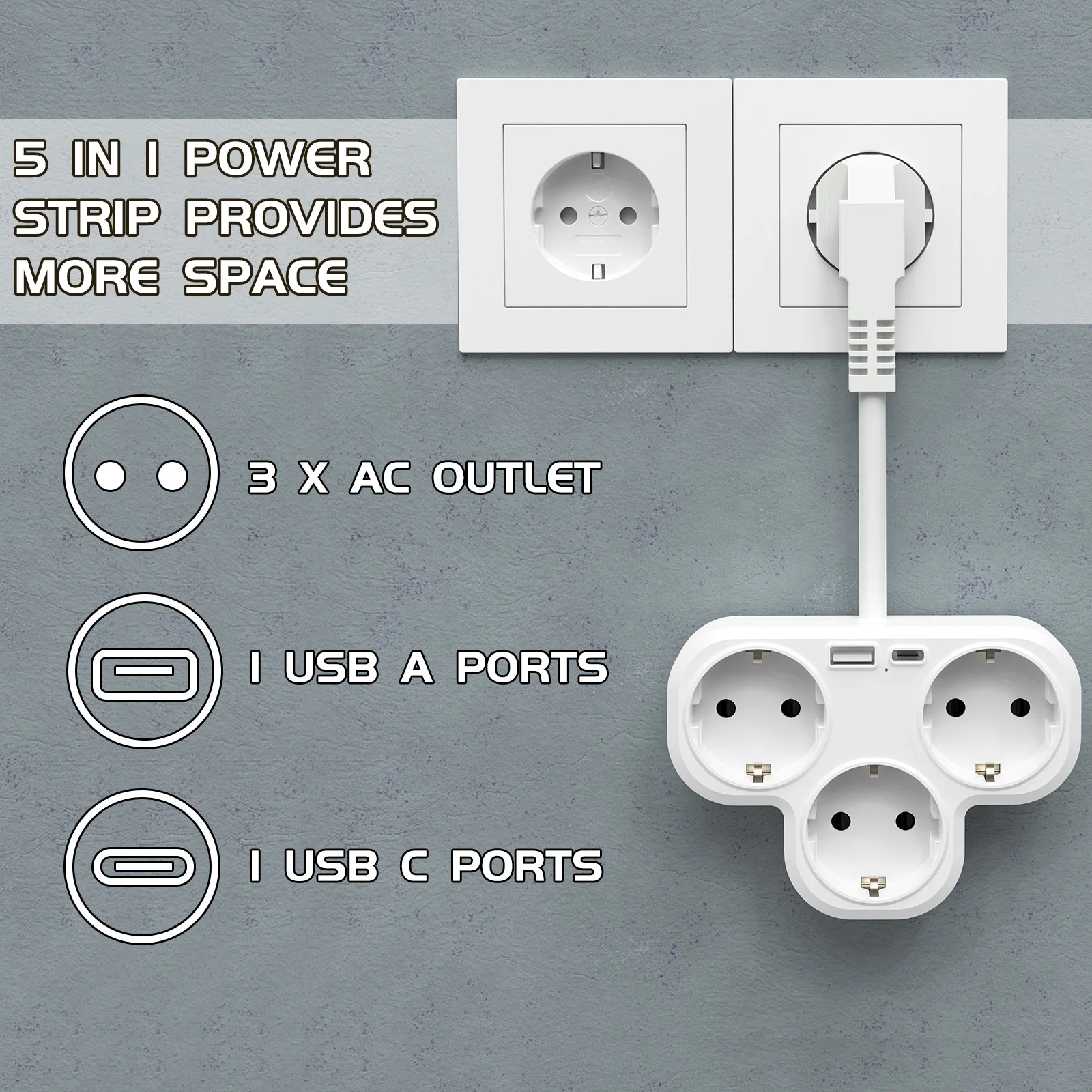HITREDNS EU Plug Power Strip with 3 AC Outlets, 1 USB-A, 1 USB-C Port Plug Adapter 5-in-1 Wall Charger for Home, Travel, Office