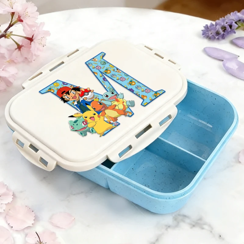 Niedliche Buchstaben-Pokemons Kinder-Bento-Box Anime-Pikachu-Lunchbox mit Gabel und Löffel für Schule, Büro, Outdoor, Jungen, Mädchen, Picknick-Lunchboxen