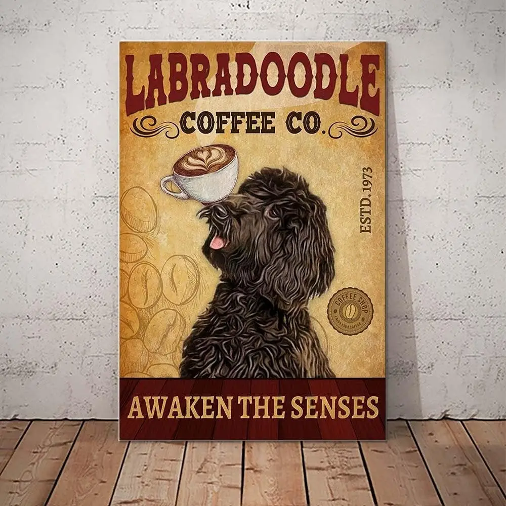 Retro-Blechschild Labradoodle Coffee Company, Geschenk für Hundeliebhaber, Labradoodle, dekoratives Geburtstagsparty-Wandkunst-Poster, süßes Schild für
