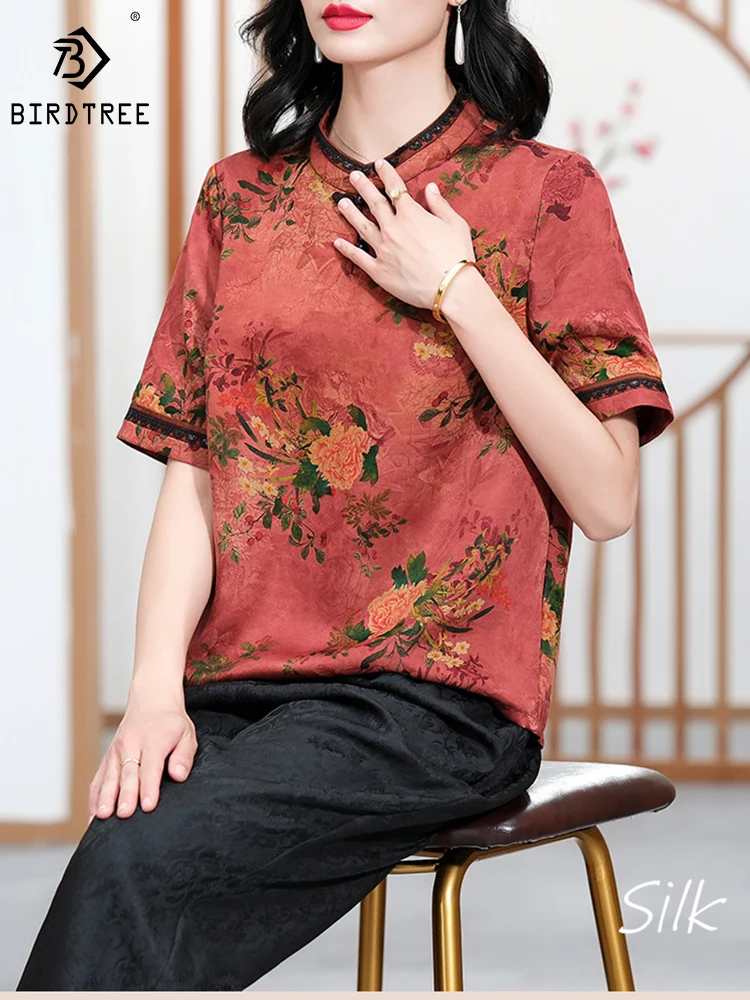 

BirdTree 100%Real Silk XiangYunSha Shirt Women,Round Neck Flared Sleeve Floral,Versatile Temperament Blouse,2024 Spring T42360QD