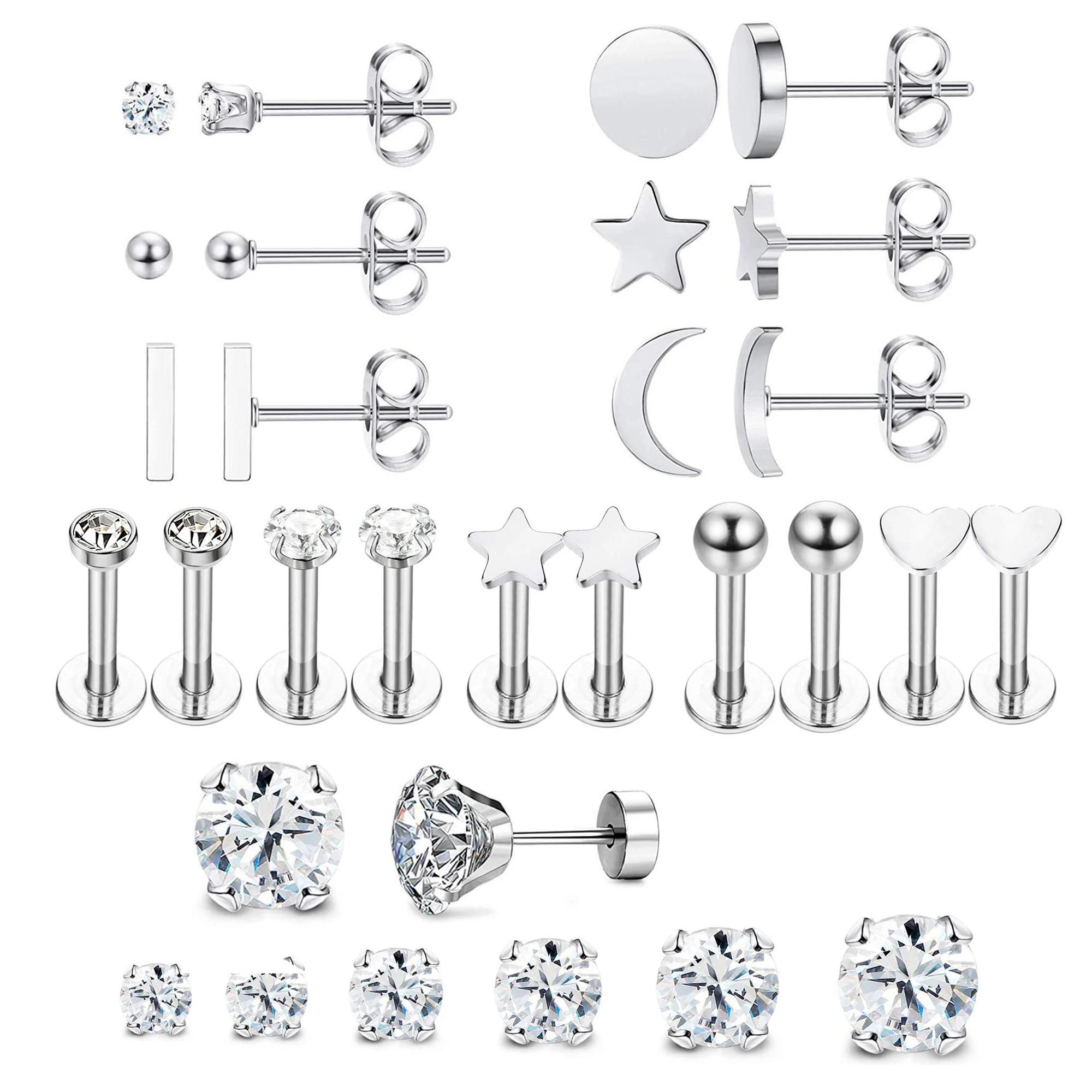 17Pairs Stainless Steel Flatback Tragus Stud Earrings for Men Women Screwback Cartilage Helix Barbell Piercing Earrings Stud Set
