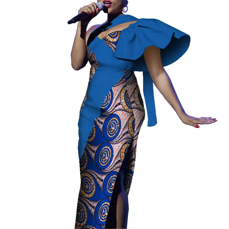 

Fashion African Dresses for Women One Shoulder Asymmetrical Long Maxi Dress Bazin Riche Cotton Print Wax Dresses Party WY8761