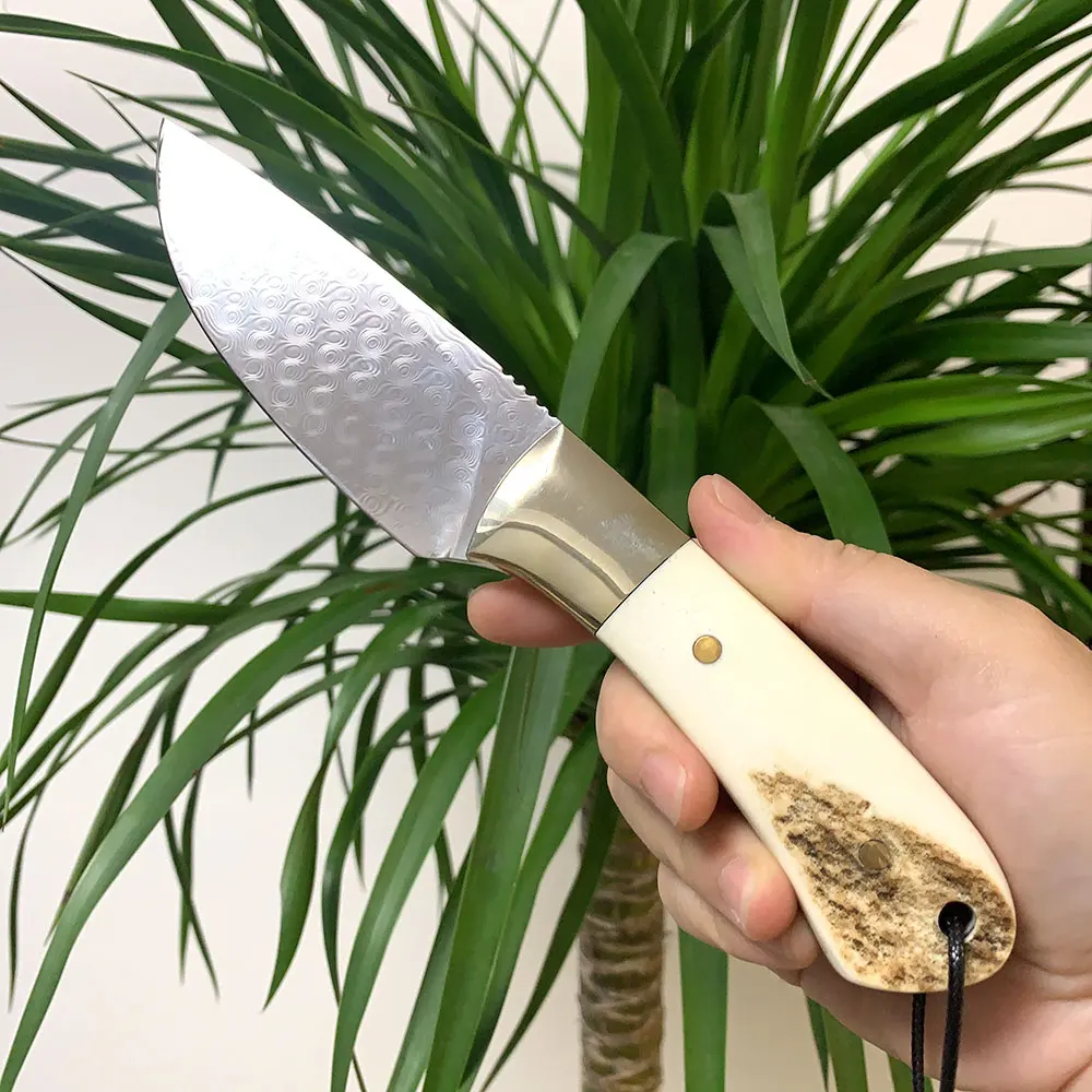 

Deer Antler + White copper Handle Fixed Blade Knife Handmade Coreless Damascus Steel Collection Camping Knife Gift For Men