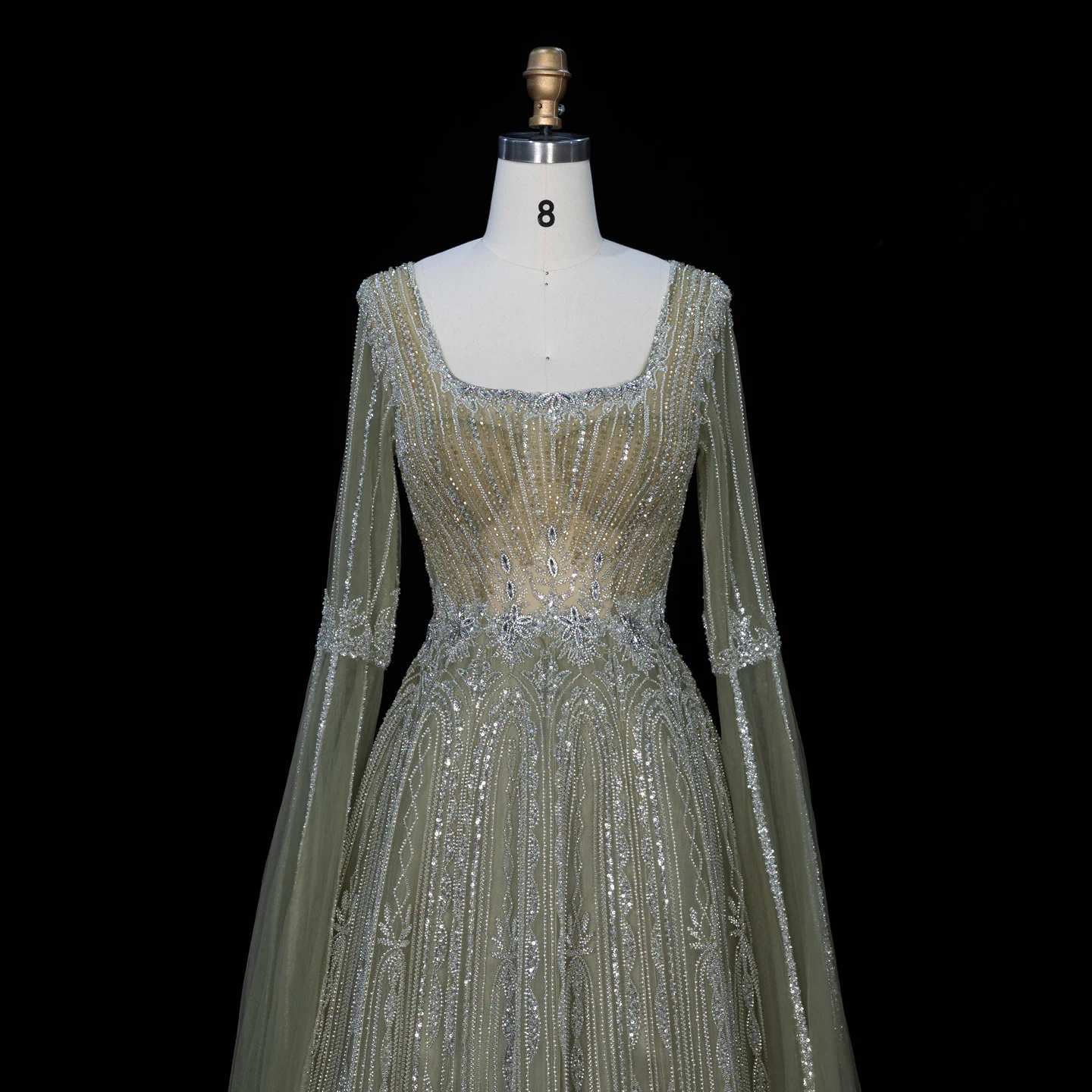 Sharon Said Luxuriöses Braunes Abendkleid mit Quadratischem Ausschnitt, Langen Glockenärmeln, Schwer Perlenbestickt, Dubai Formelle Partykleider SS065 Maßanfertigung – Detail 19