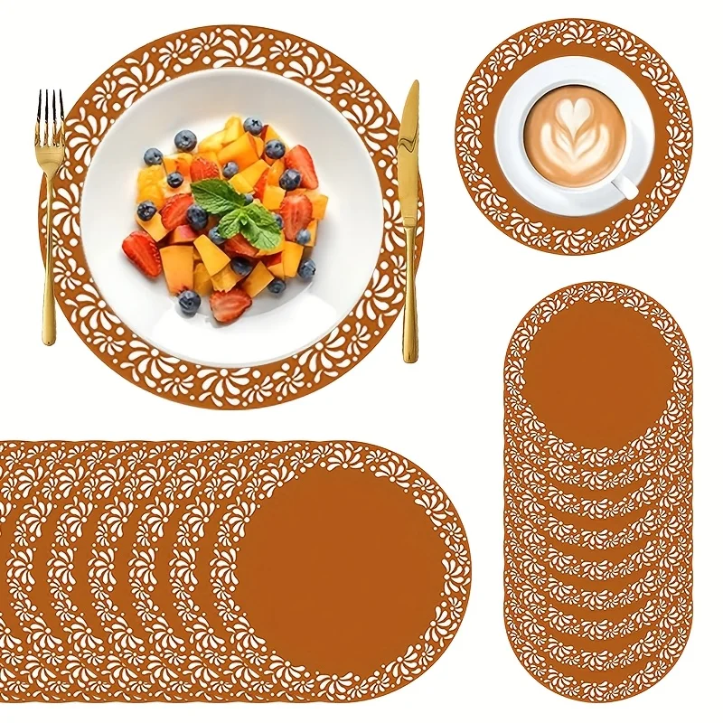 6/15/24PC Round Brown Paper Placemat Floral Lace Disposable Table Mat Wedding Thanksgiving Party Dining Table Decor