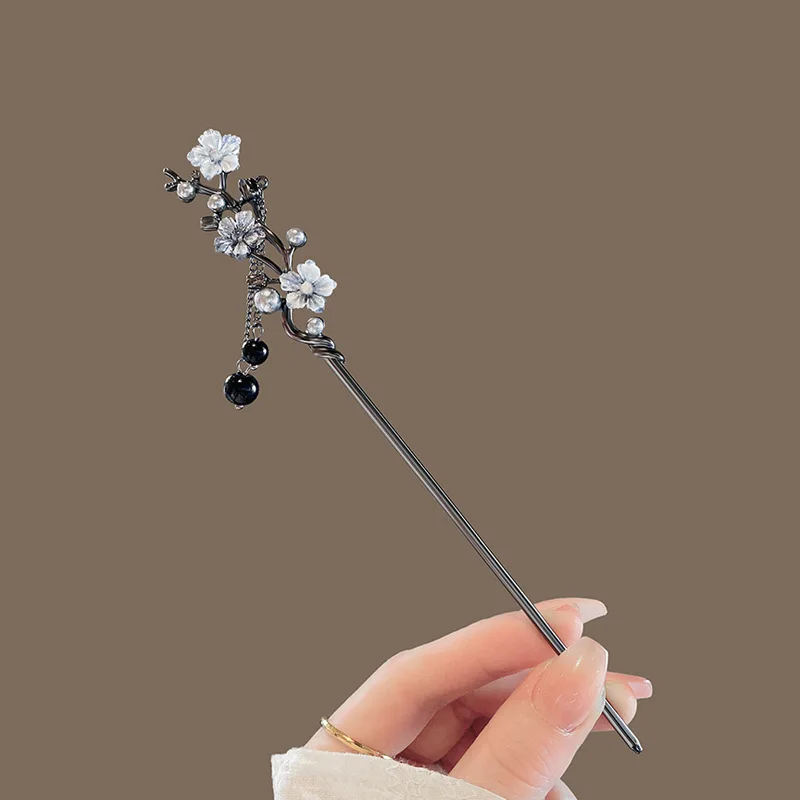 Modern Hair Stick Ink Flower Metal Tassel Hairpin Forks For Women Black Beads Fringe Hair Clasp New Chinese Hanfu Hair Jewelry