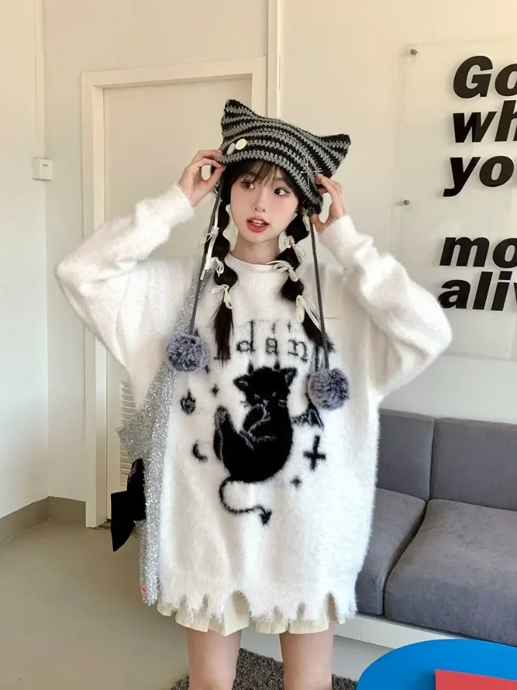 QWEEK Gothic Goth Harajuku Kawaii Cute Sweater Women Y2k Knitted Grunge 2024 Autumn Winter Fashion American Vintage Pullovers