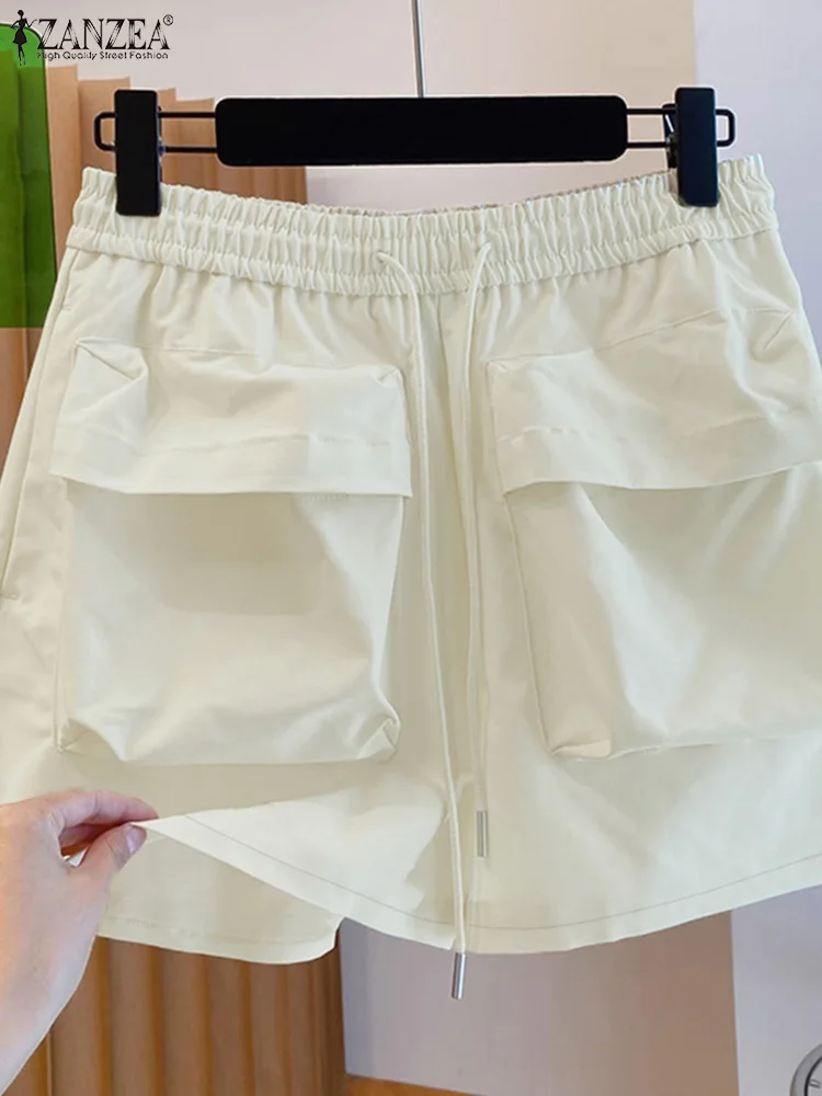 Zanzea moda shorts feminino 2025 verão cordão elástico na cintura bolsos workwear shorts de perna larga solto cor sólida calças curtas