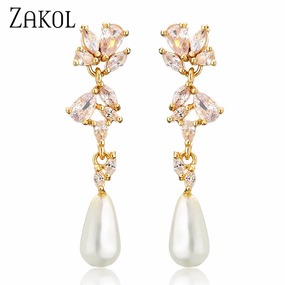 ZAKOL Leaf Cubic Zirconia Long Drop Earrings for Elegant Women Exquisite Water Drop Imitation Pearls Wedding Jewelry EP114