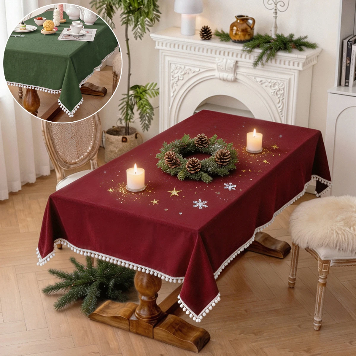 1PC Red and Green Fur Ball Lace Christmas Atmosphere Tablecloth, Suitable for Family Dinner Party Window Set Table Decoration