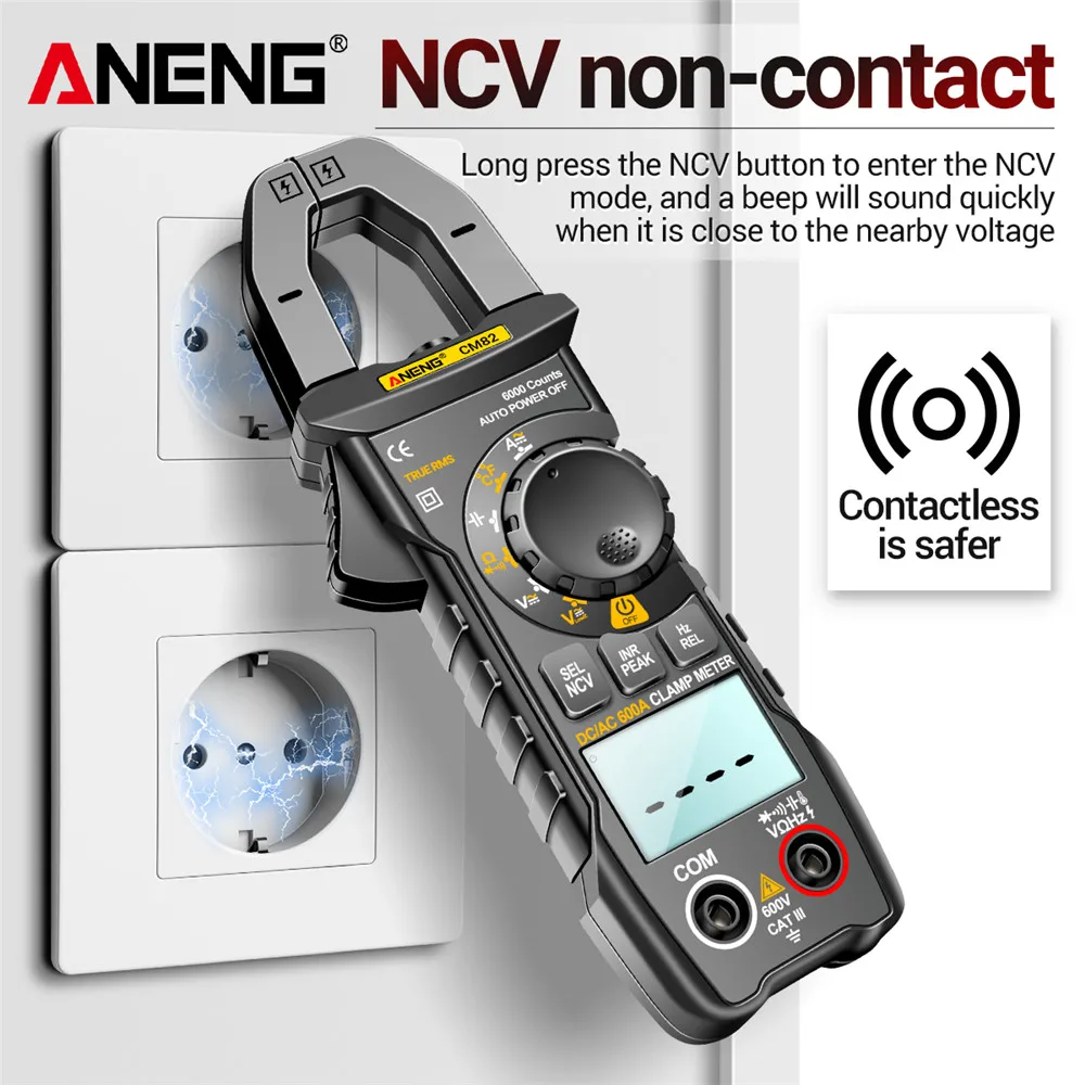 Imagem -02 - Digital Clamp Meter dc Tensão de Corrente ac 6000 Contagens Multímetro Amperímetro Tester Carro Amp hz Capacitância Ncv Ohm Teste Aneng-cm82