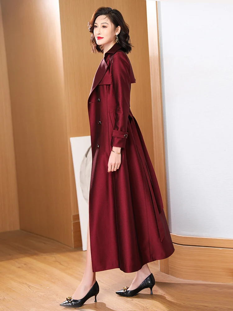 

NEW Wine-red Super-long Trench Coat women Windbreaker Overcoat Spring Autumn Belt Slim Tops Female Elegant Long Outerwear 2025