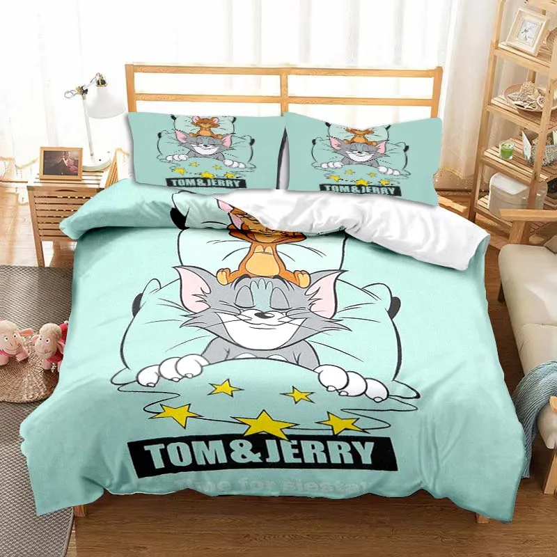 

T-Tom Jerry Bedding Set Cute Cartoon Mouse Pattern Duvet Cover Pillowcase Double Bed King Size Bedding Bed Three-piece Set Gift