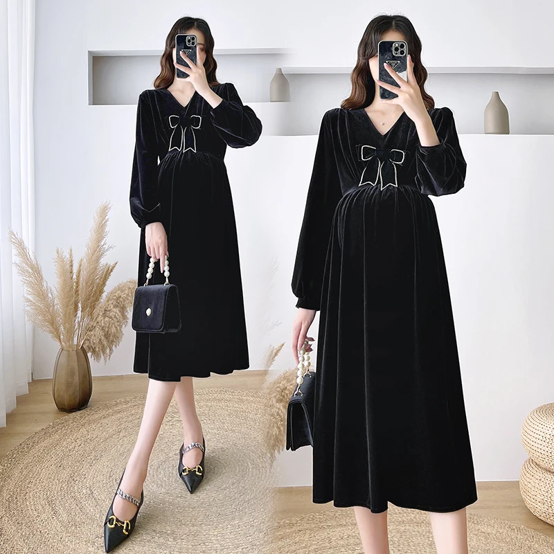 New Winter Soft Lurex Maternity Mother Long Dress Sweet Elegant Ins A Line Clothes for Pregnant Women