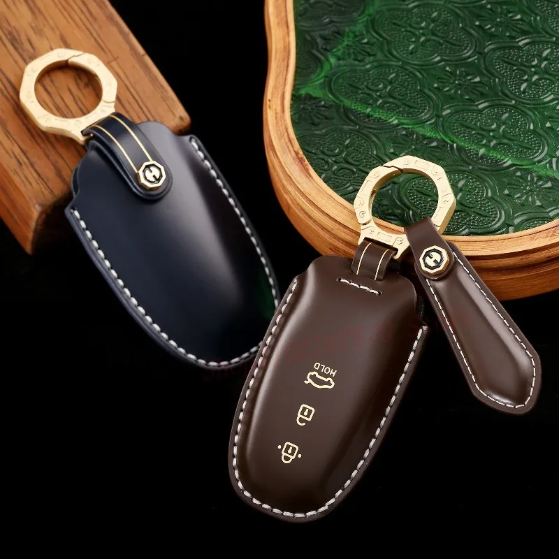 High-End Personality Genuine Leather Key Case Cover Protective Shell Bag Keychain For Hyundai Tucson L 2023 Car Accessories