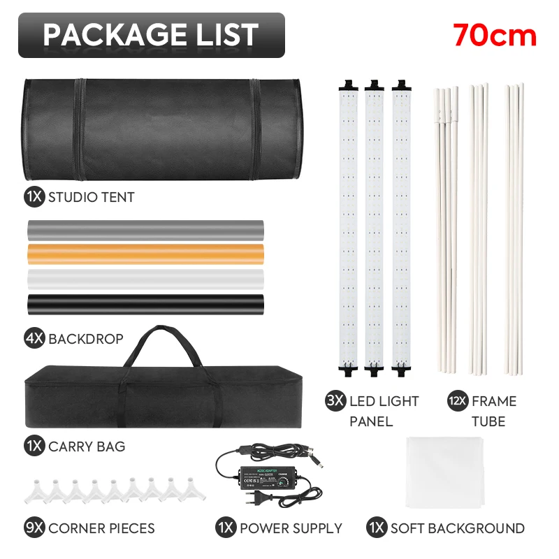 フォトスタジオライトボックス,3個,LEDストリップ,黒,白,黄色,灰色,PVC背景ライトボックス,製品テント,フォトラップ,27インチ