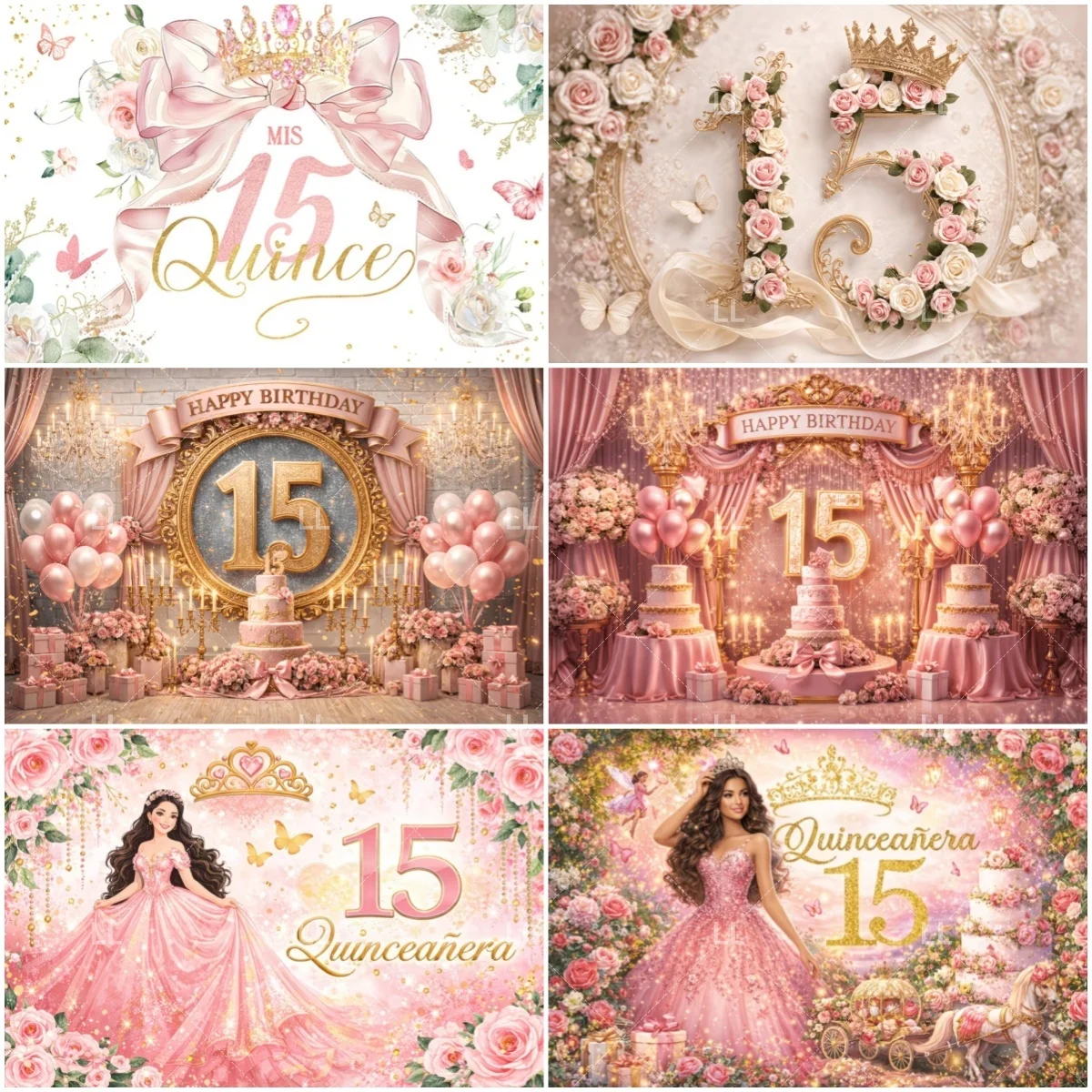 

15th Girl Birthday Party Decoration Backdrop Crown Beautiful Dress Flower Butterfly Photography Background Celebration Props
