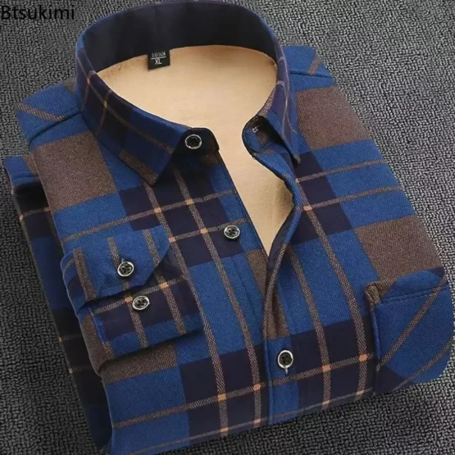 2024 Men\'s Winter Casual Warm Plaid Shirts Long Sleeve Thick Fleece Oversized Dress Shirts Male Club Party Evening Shirts Male