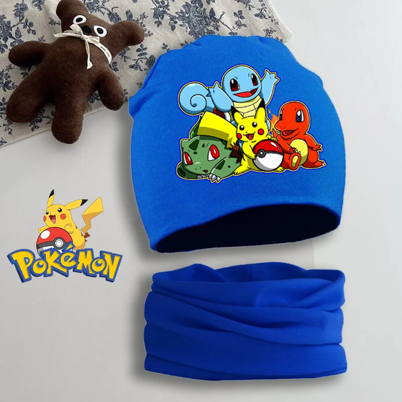 Pokemon Scarf Hat Set Pikachu Anime Cartoon Skullies Beanies Pure Soft Squirtle Baby Cap Scarfs Boys Girls Birthday Kawaii Gift