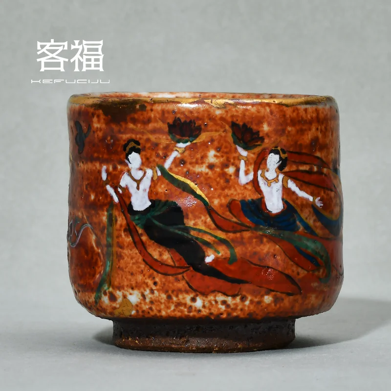 Kefu, firewood burning flying Dunhuang merchandise mural cup Jingdezhen hand-painted master cup coarse pottery Zhiye