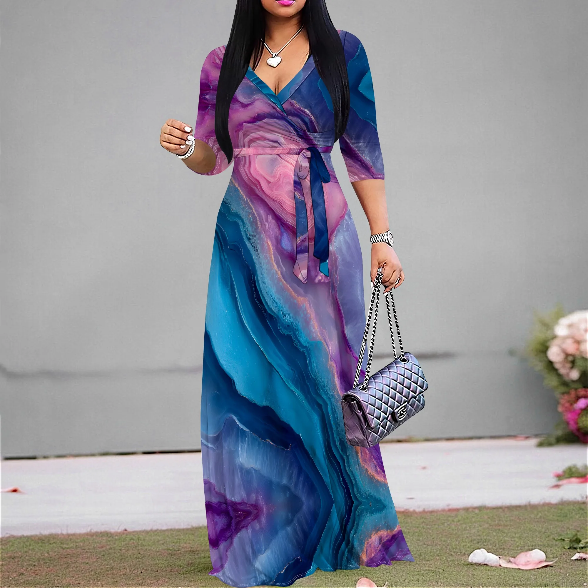 

Women's Abstract marble Print Maxi Dress Boho V-Neck Half Sleeve A-line Dress with Belt for Holiday Vacation Wear