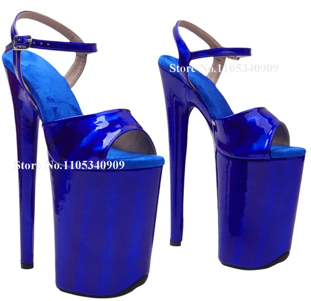 Bondarenko Sexy Blue Patent Leather Stiletto Heel Sandals Peep Toe Ankle Straps High Platform 20cm Thin Heel Pumps Dance Shoes