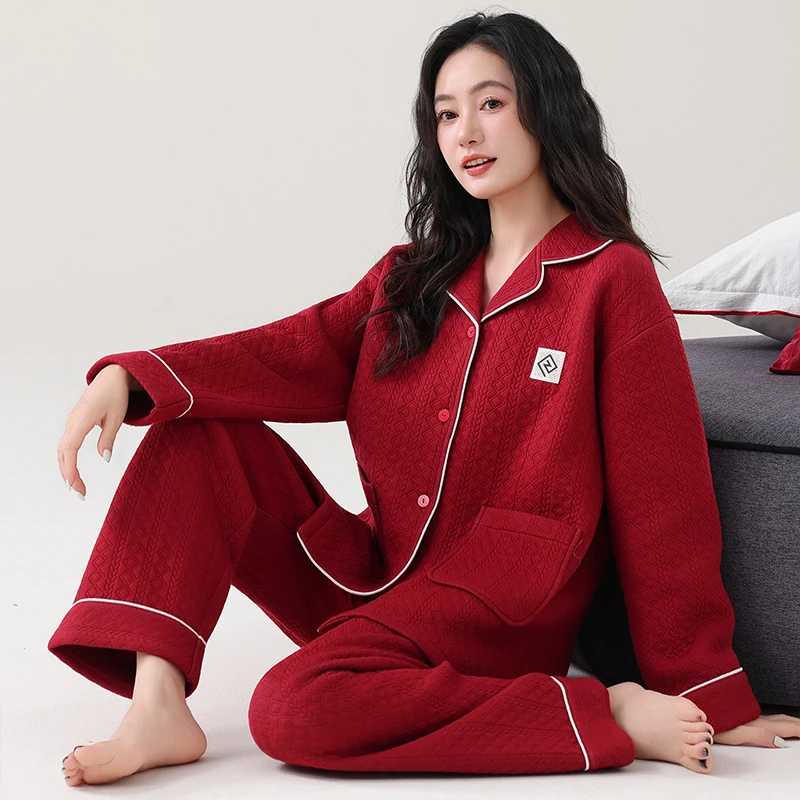 

Big Size M-3XL Winter Women Pajamas Set Air Clip Cotton Pijama Female Thick Sleepwear