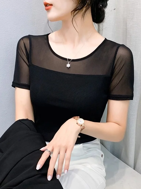 Summer New round Ne ort Sve Me Base irt Sexy Dance Inner Wear Slimming  Color Top Thin T-irt Casual Sle