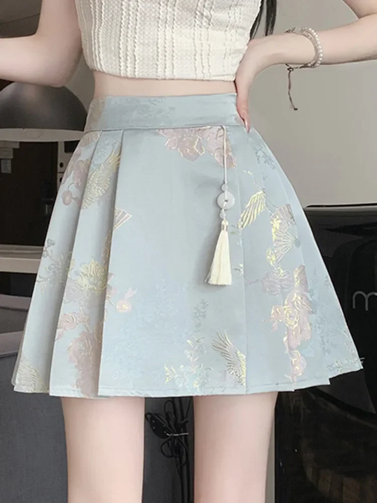 New Chinese Style Jacquard Embroidered Pleated Skirt for Women New  Spring/Summer 2024 High Waist Slim A-Line Short Skirt