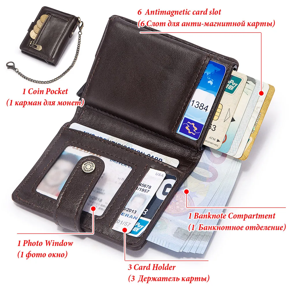 Genuine Leather Small Money Wallets for Men RFID Protected Pop Up Credit Card Holder Aluminium Smart Wallet with Money Clip