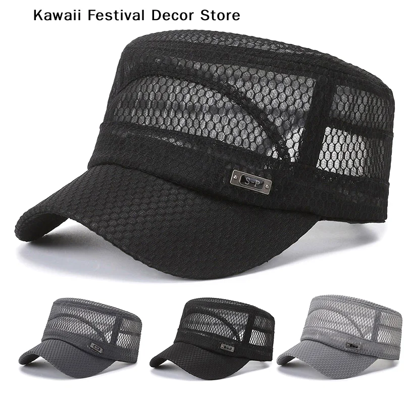 【K】Korean Men's Summer Hat Mesh Caps Hip-hop Flat Top Snapback Outdoor Adjustable Baseball Cap Cadet Man Breathable Trucker Caps