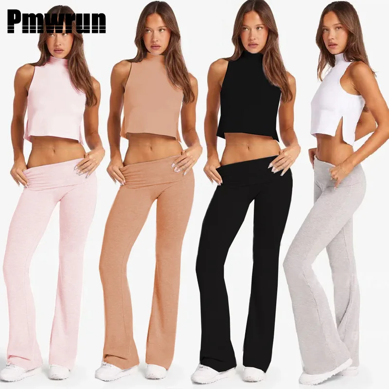 

Женский комплект для йоги PMWRUN из 2 предметов: укороченный топ без рукавов с воротником-стойкой и боковым разрезом, леггинсы с отворотами на талии, мягкие, эластичные, для спортзала и йоги