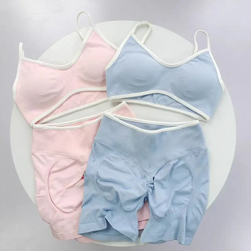 

2025 2 Pieces Sports Set Women Backless Tank Yoga Tops High Waist Scrunch Seamless Shorts Sport Gym Set Sportswear Workout Set