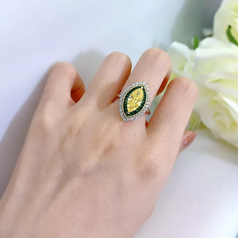 PANSYSEN 100% 925 Sterling Silver 6*13mm Mariquesa Cut Citrine High Carbon Diamond Ring Fine Jewelry for Women Luxury Party Gift