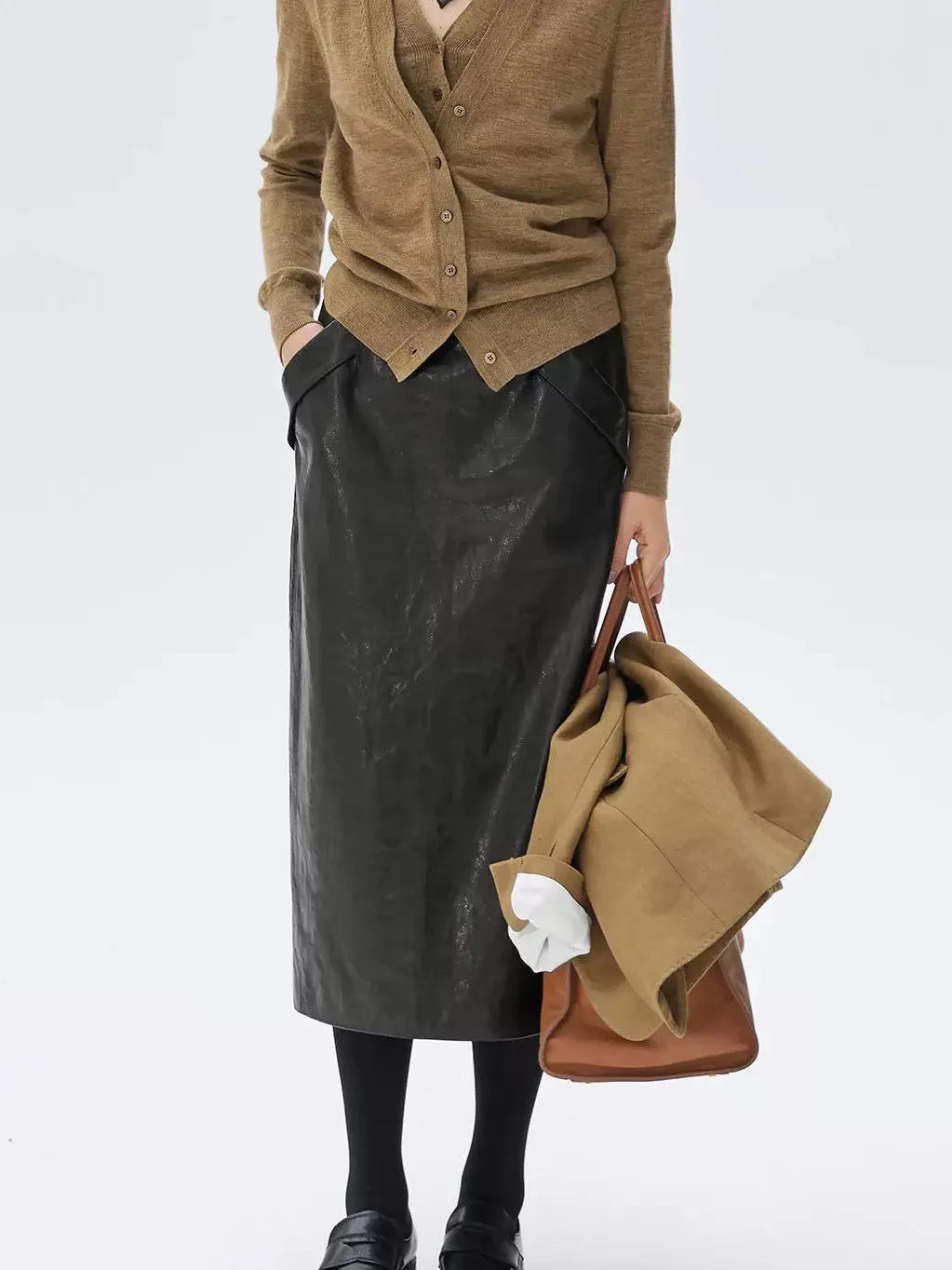 Spring Autumn Genuine Leather Skirt Oil-Waxed Vegetable-Tanned Sheepskin Elastic Waist Simple Straight Cut Back Slit mid Length