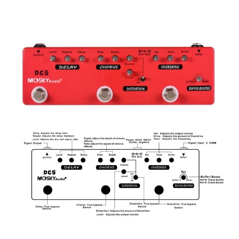 MOSKYAUDIO DC5 Guitar Multi-Effect Pedal Booster Buffer Delay