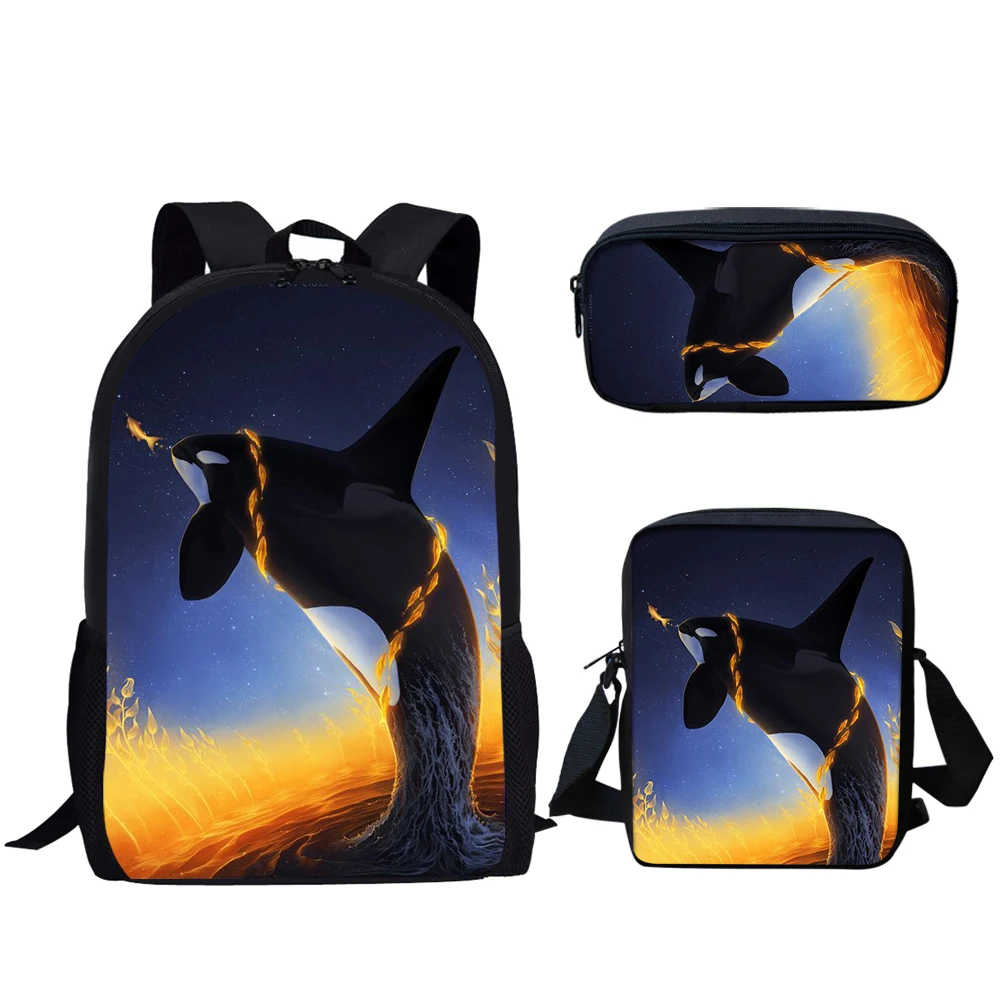 School Bags 3Set for Teen Boys Girls Killer Whale Orca Print Travel Backpack for Kids Casual Bookbag Large Capacity Backpack