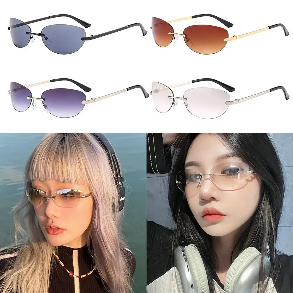 Trendy Oval Rimless Sunglasses Wrap Around UV400 Transparent Eyewear Y2K 2000's Sun Glasses for Women & Men