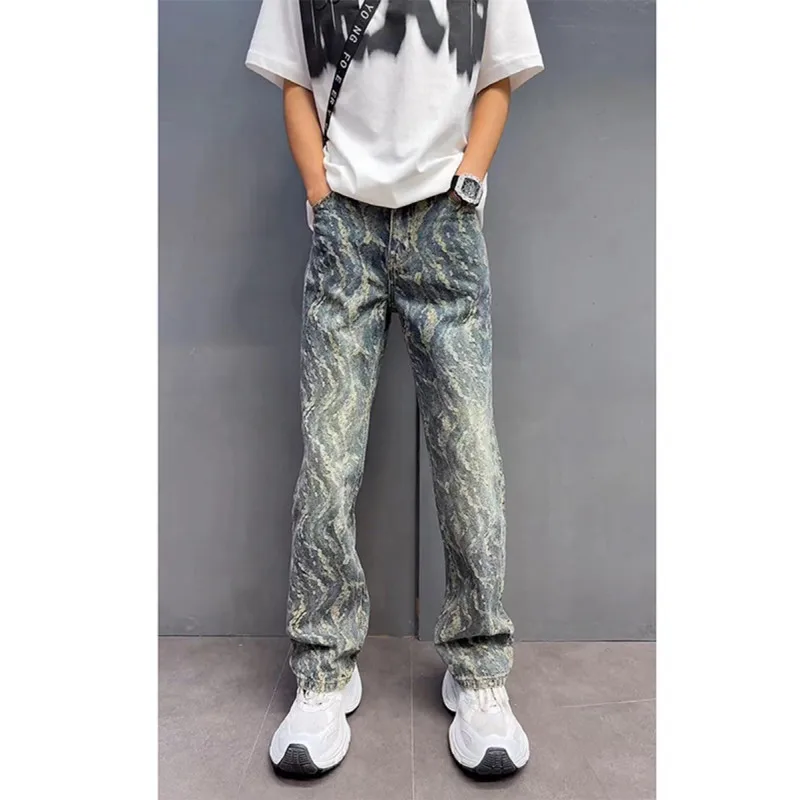 

Jacquard Jeans Men Women American Style Old Washed Jeans Retro Fashion Trend Pants Baggy Hip Hop Streetwear slim fit Denim pant