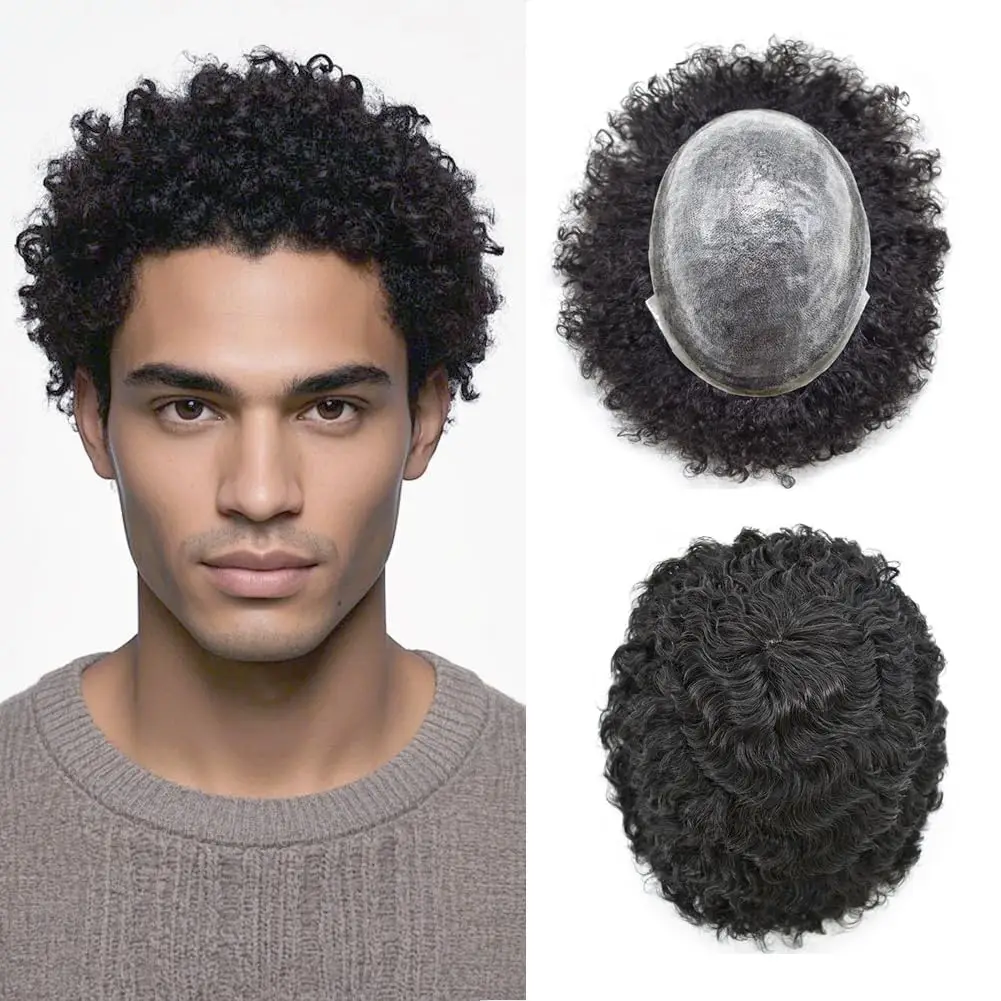 

Men Hair Replacement 100% Human Hair Curly Hair Full PU Base Toupee For Black Men Discreet Packaging