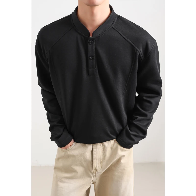 Men's Light Grey Henley Mandarin Collar Raglan Sleeve Top with Buttons Casual Slim Fit Sweatshirts