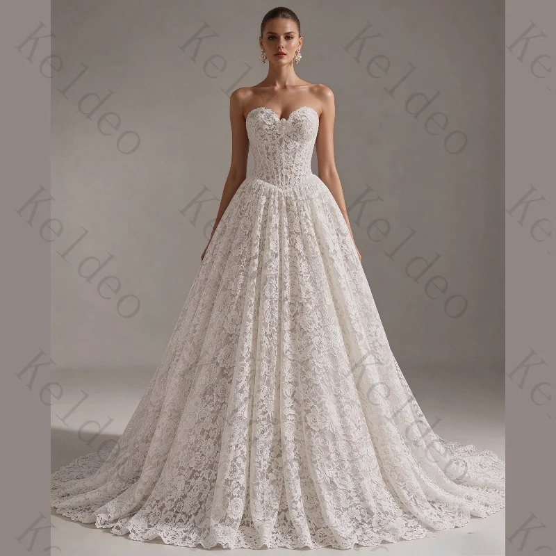 Customized High Quality Strapless A-line Sleeveless Wedding Dresses Sexy Lace Applique Zipper Open Back Floor Length Bride Gowns