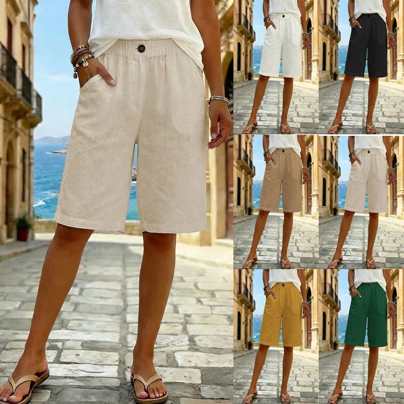 Summer Cotton Linen Shorts for Women Large Size Cotton Linen Short Pants High Waist Elastic Waist Knee Length Pockets Shorts
