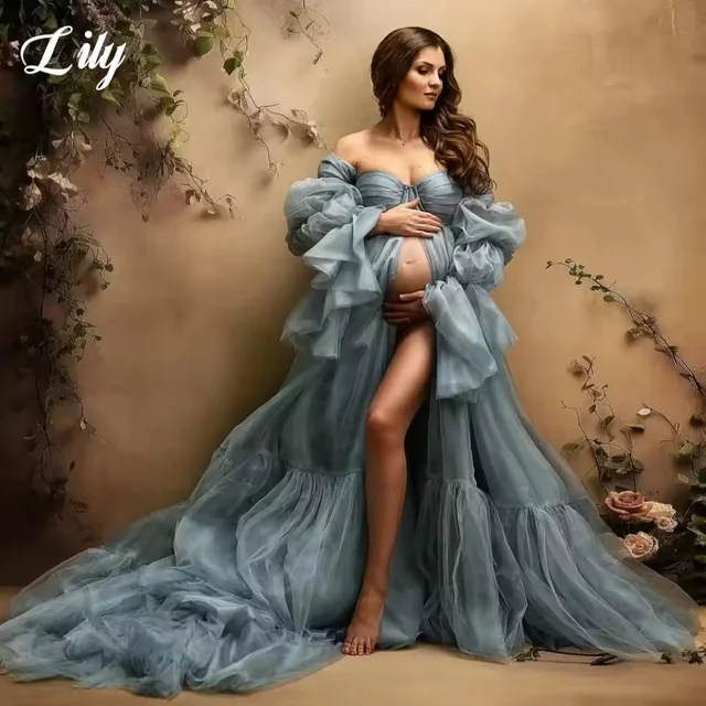 Lily elegante cariño vestidos de fiesta fluidos mangas largas imperio maternidad sesión de fotos vestido Boho vestidos para Baby Shower personalizado