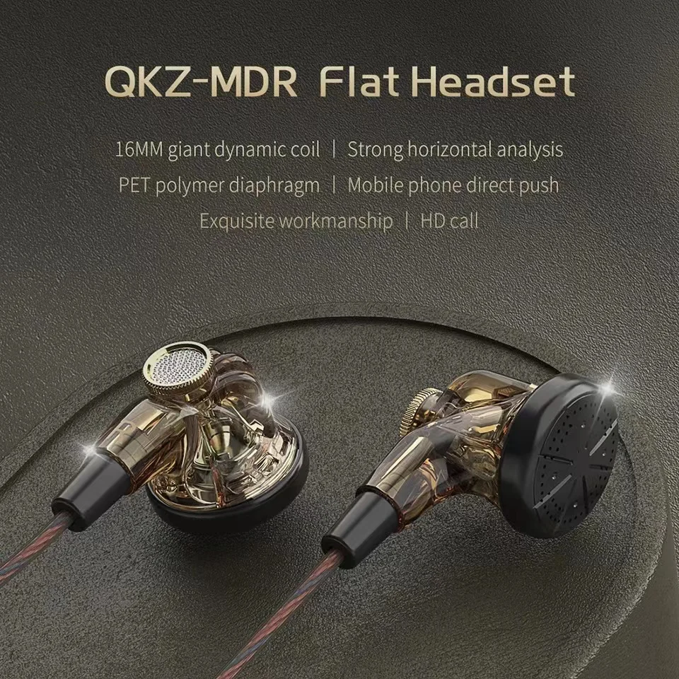 Cuffie a testa piatta QKZ MDR originali 16MM Large Moving Coil HIFI Bass Music auricolari cablati L-Bending cuffie AUX fantasia da 3.5MM