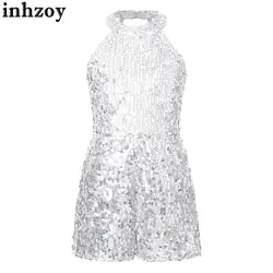 Kids Girls Shiny Sequin Halter Bodysuit Ballet Jazz Dance Skating Costume Birthday Party Wedding Evening Pageant Jumpsuit Romper