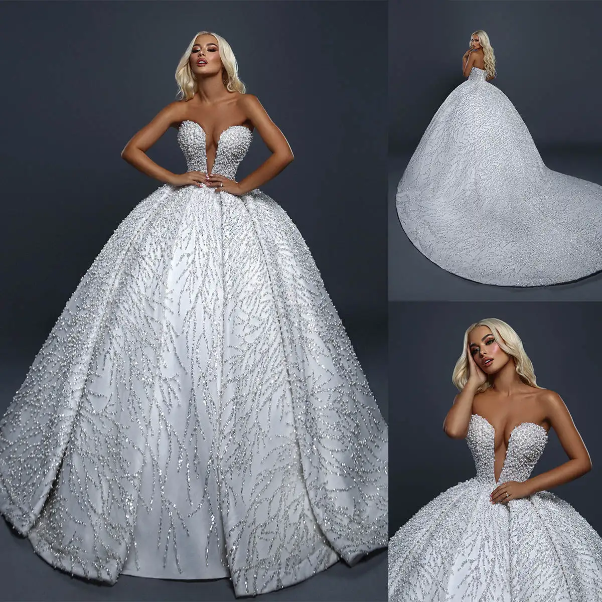 

Luxury Ball Gowns Appliques Sequins Pearls Strapless Sleeveless Wedding Dress Sweep Train Satin Bridal Dresses Custom Made